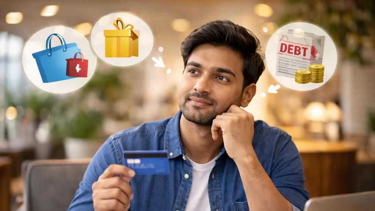 చెల్లింపుల కోసం క్రెడిట్ కార్డ్ ఉపయోగిస్తున్న వ్యక్తి మరియు దానికి సంబంధించిన ఆలోచనల దృశ్యం