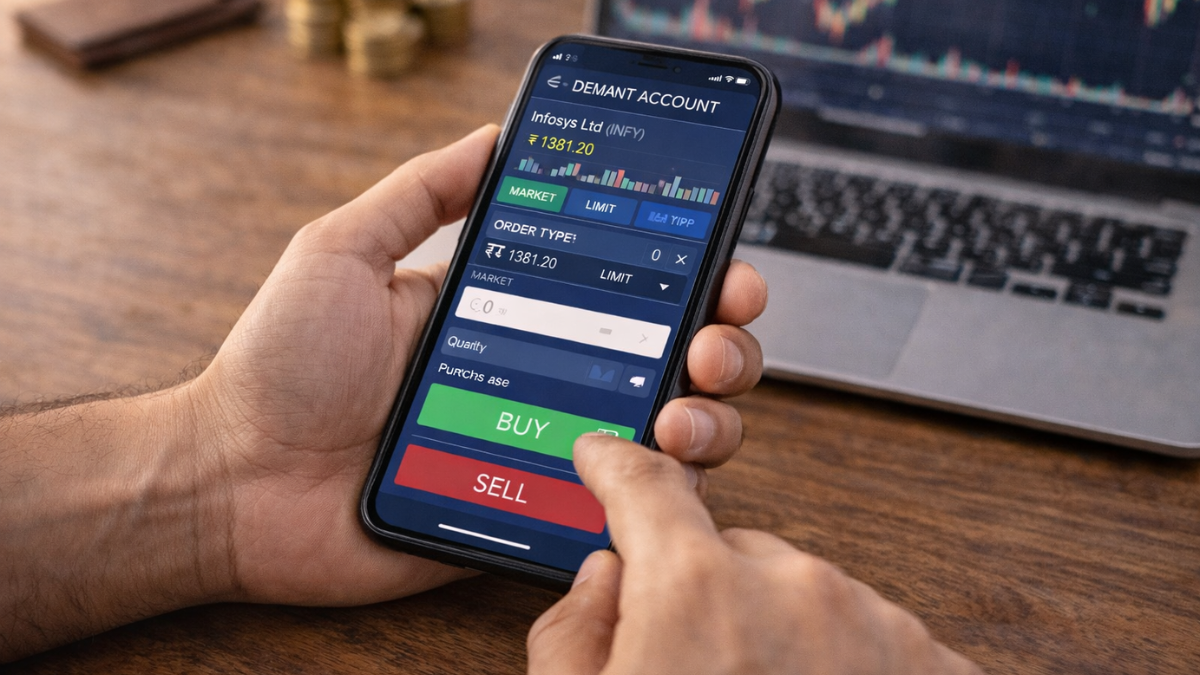 మొబైల్ యాప్ ద్వారా డీమ్యాట్ అకౌంట్ ఉపయోగించి షేర్లు కొనుగోలు చేస్తున్న వ్యక్తి దృశ్యం