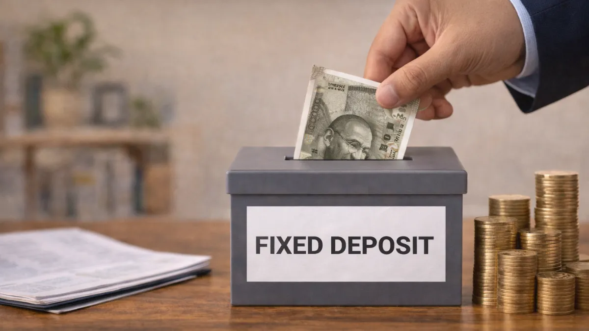 బ్యాంక్ లో ఫిక్స్‌డ్ డిపాజిట్ ద్వారా సురక్షితంగా మనీ దాచే విధానాన్ని సూచించే దృశ్యం