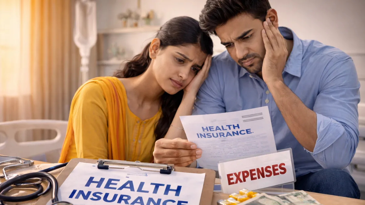 మెడికల్ ఖర్చులు మరియు ఇన్సూరెన్స్ డాక్యుమెంట్స్‌ను చూసుకుంటున్న దంపతుల దృశ్యం