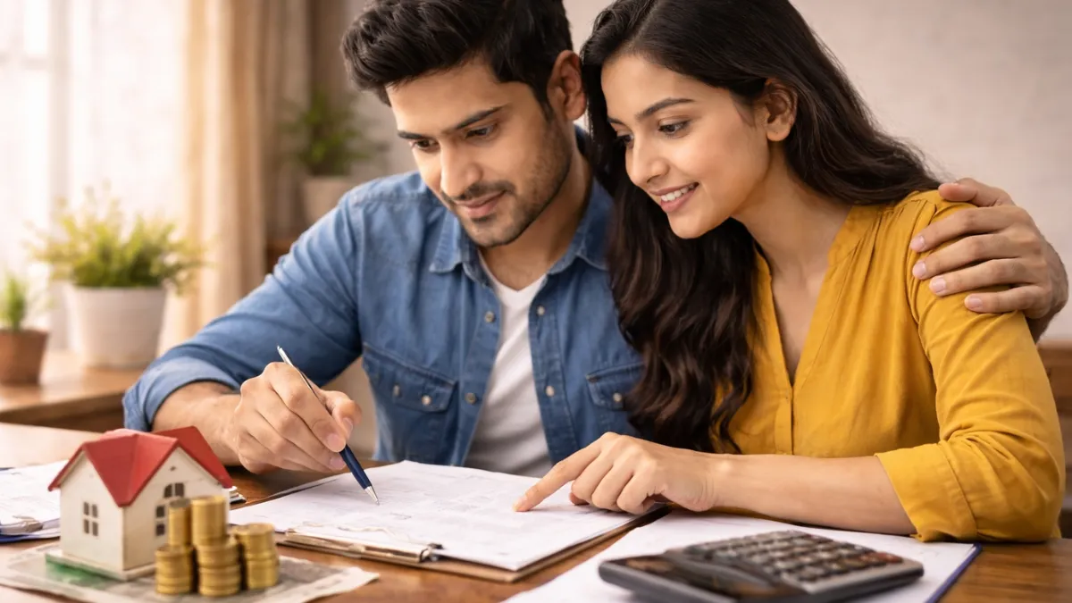ఇల్లు కొనుగోలు చేయడానికి హోమ్ లోన్ ఎంపికలను పరిశీలిస్తున్న భారతీయ దంపతుల సహజ దృశ్యం