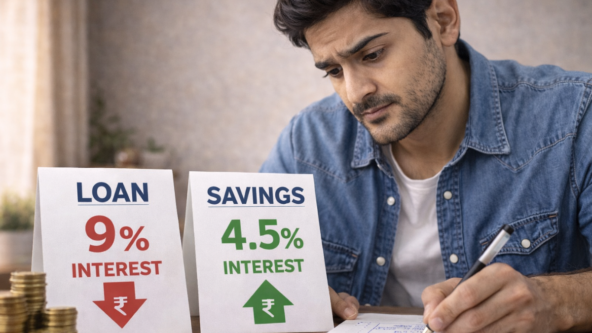 బ్యాంక్ లోన్ మరియు సేవింగ్స్ పై ఇంట్రెస్ట్ రేటు తేడాను అర్థం చేసుకుంటూ లెక్కలు వేస్తున్న వ్యక్తి దృశ్యం