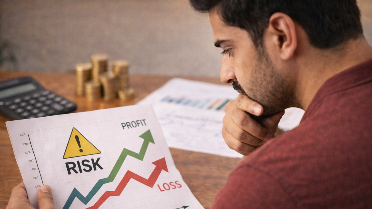 ఇన్వెస్ట్మెంట్ లో లాభం లేదా నష్టం ఎలా వస్తుందో అర్థం చేసుకునే ప్రయత్నం చేస్తున్న వ్యక్తి దృశ్యం