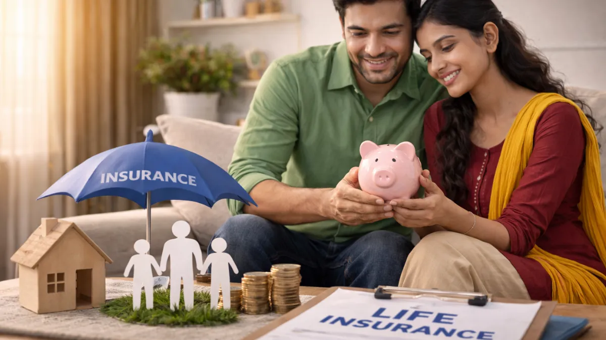 కుటుంబ భవిష్యత్తు గురించి ఆలోచిస్తున్న దంపతులు మరియు ఆర్థిక రక్షణ భావనను చూపించే దృశ్యం