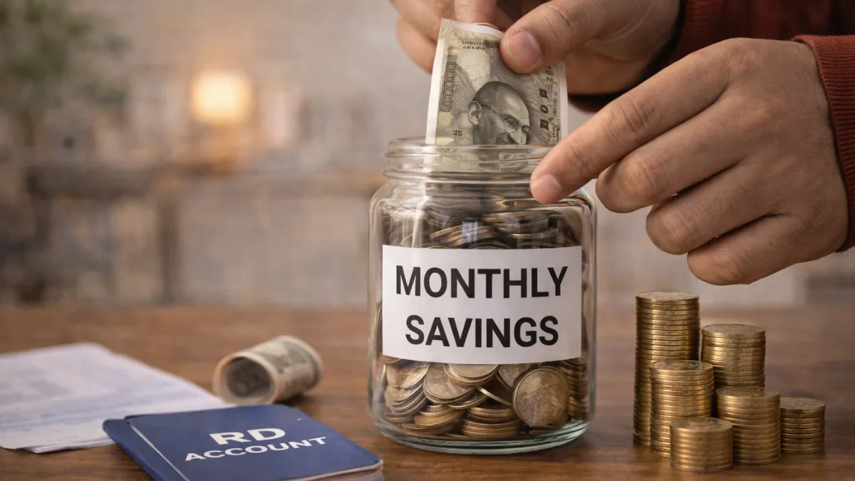 నెలవారీగా మనీ దాచుతూ రికరింగ్ డిపాజిట్ ద్వారా సేవింగ్స్ పెంచే విధానాన్ని చూపించే దృశ్యం