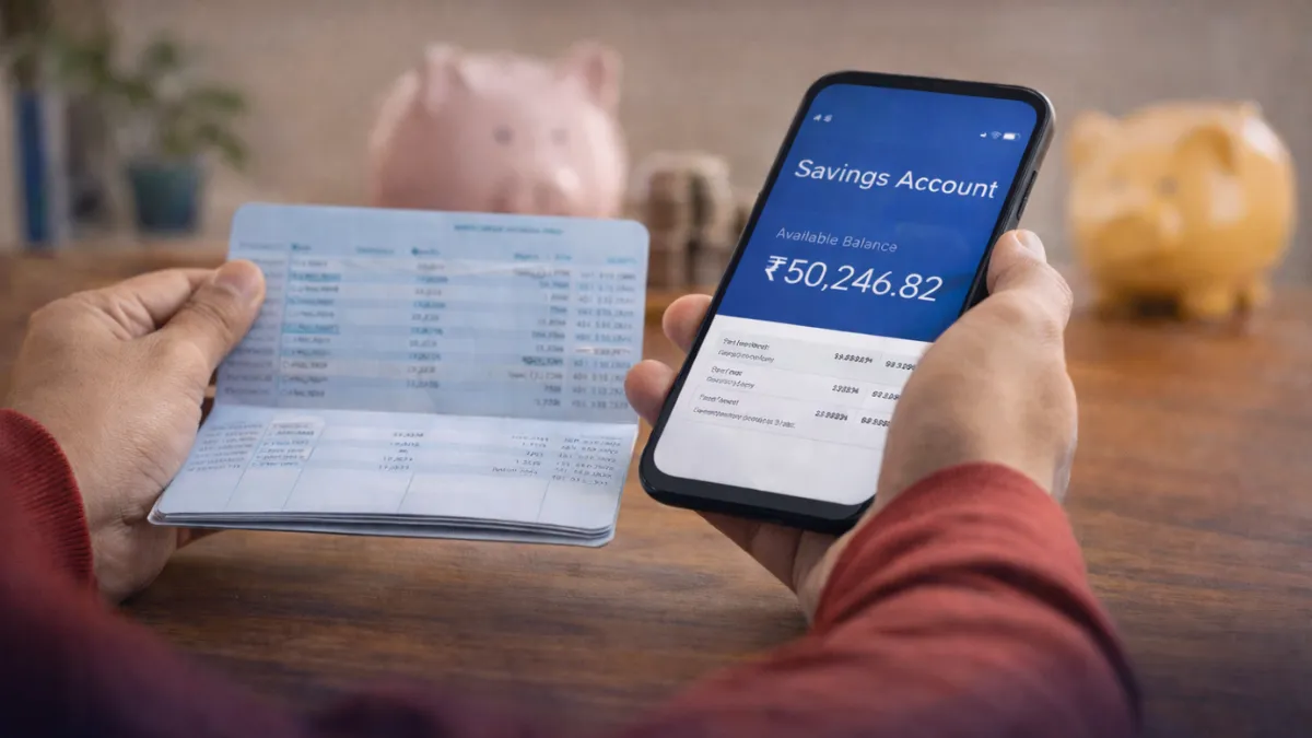 బ్యాంక్ సేవింగ్స్ అకౌంట్ ద్వారా మన డబ్బు నిర్వహణ ఎలా జరుగుతుందో చూపించే దృశ్యం