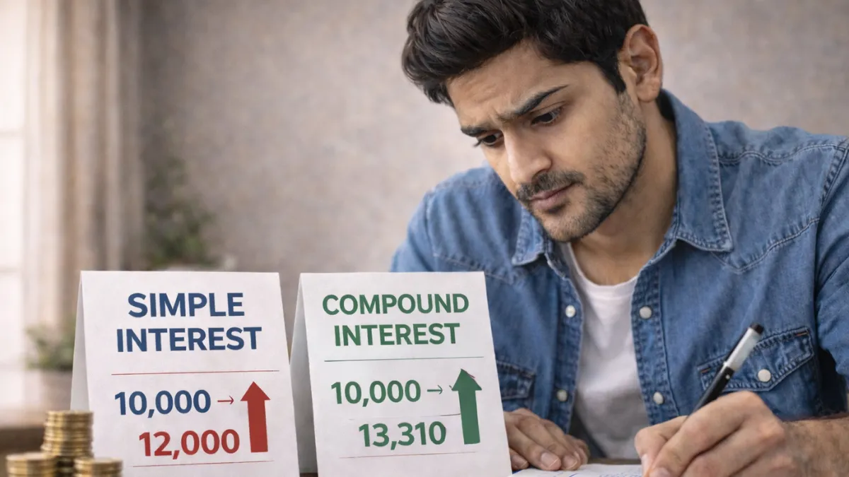 నోట్‌బుక్‌లో లెక్కలు వేస్తూ సింపుల్ ఇంట్రెస్ట్ మరియు కంపౌండ్ ఇంట్రెస్ట్ మధ్య తేడాను అర్థం చేసుకుంటున్న వ్యక్తి దృశ్యం