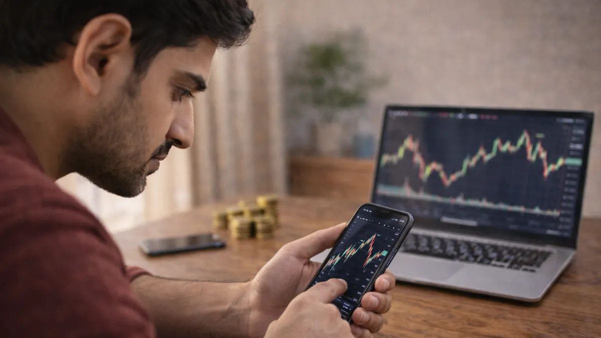 ల్యాప్‌టాప్ మరియు మొబైల్ స్క్రీన్ పై స్టాక్ మార్కెట్ షేర్ల చార్ట్‌లను గమనిస్తున్న వ్యక్తి దృశ్యం